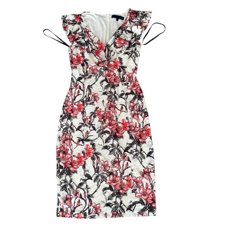 Rachel Rachel Roy Floral Lace Sheath Dress V-Neck Ruffle Cap Sleeve Size 2
